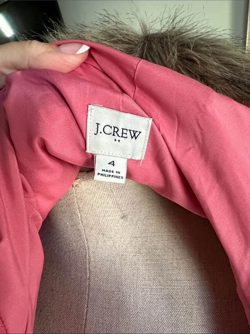 J. Crew Pink Hooded Wool-Blend Trench Coat with Faux Fur Trim